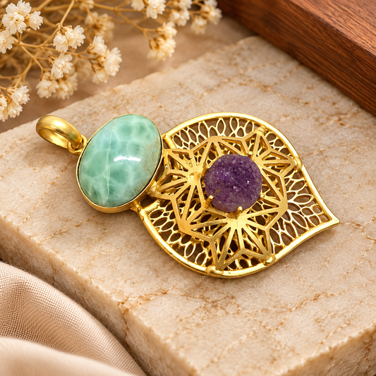 Gold Mandala Pendant with Green Purple Gemstone Statement PEN605-GLD-NLAR-NPDY02