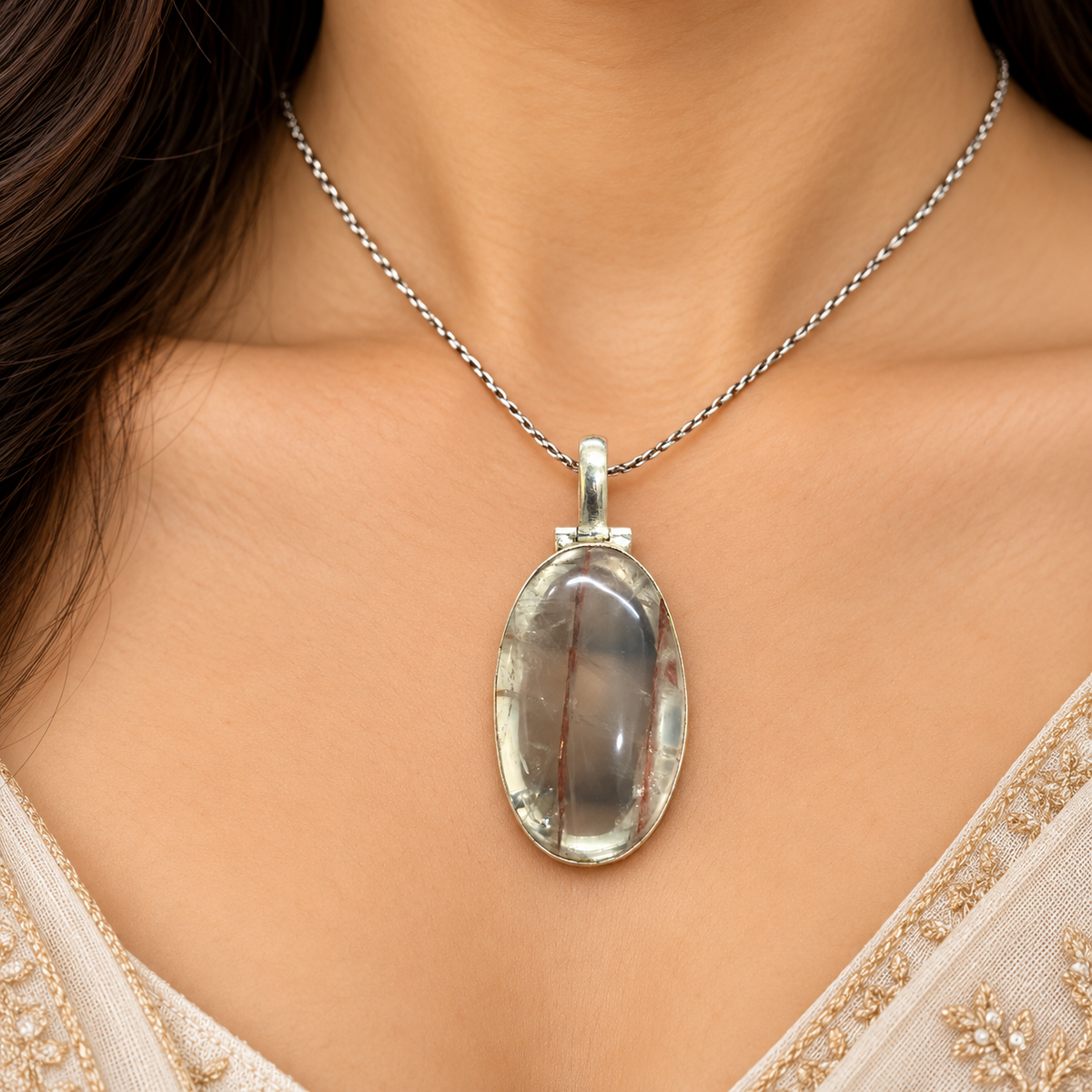 Natural Crack Crystal Pendant, Oval Stone Silver Jewelry PEN606-SLV-NCC01