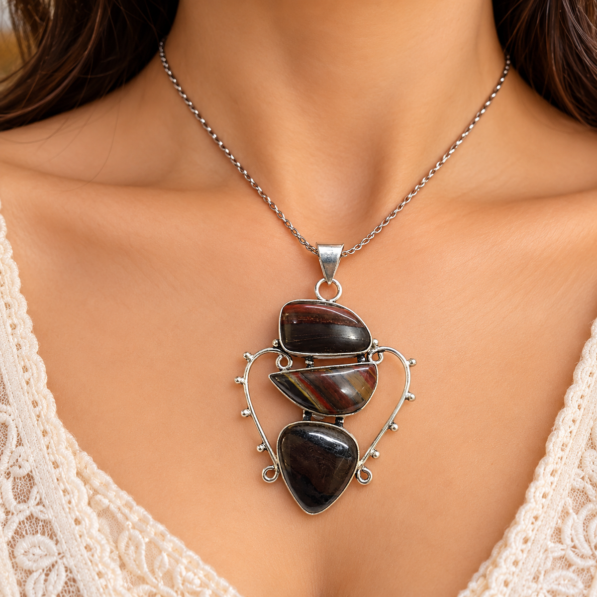 Silver Tone Triple Gemstone Pendant, Artistic Statement Jewelry PEN609-SLV-NITE03