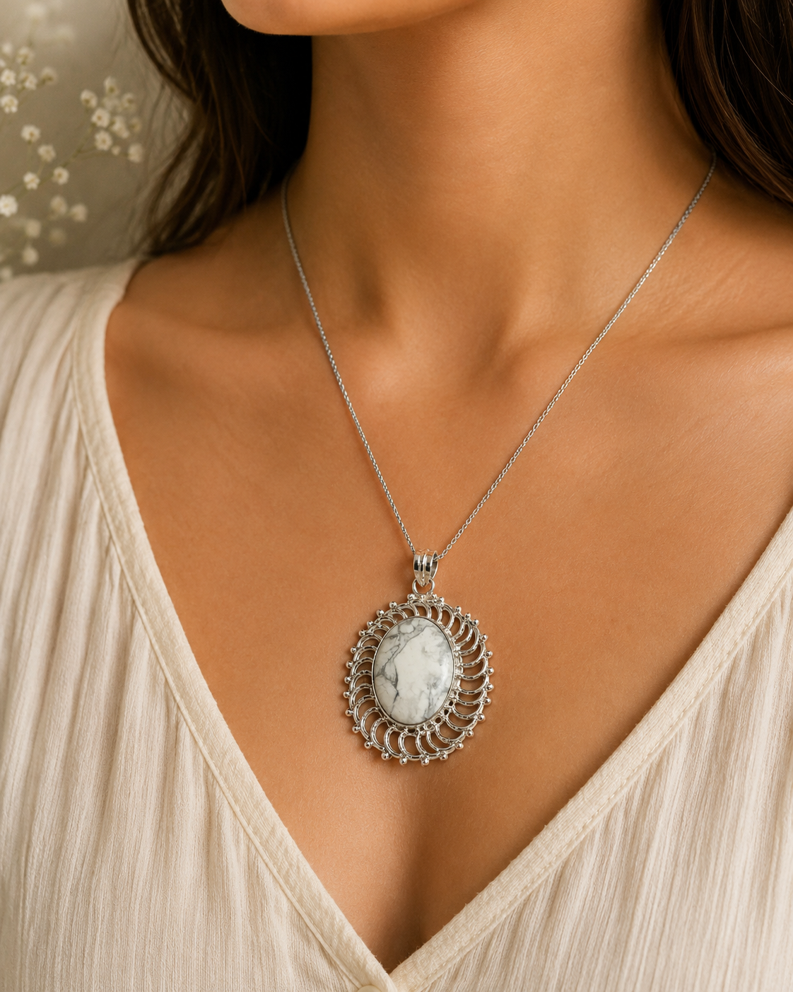 Natural Howlite Oval Pendant, Silver Tone Boho Statement Necklace Gift PEN61-SLV-NHWT01