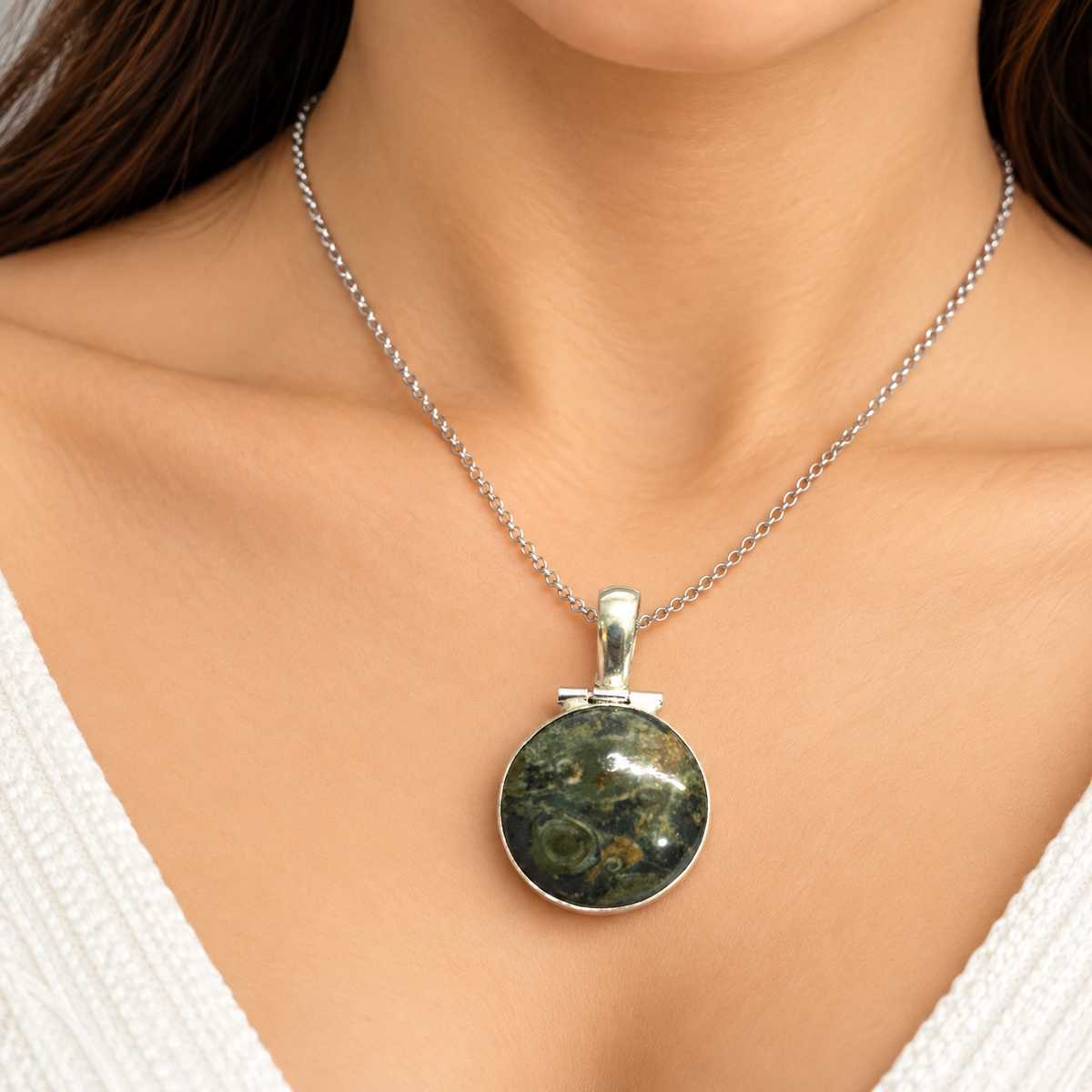 Natural Round Kambaba Jasper Silver Bezel Gemstone Pendant PEN623-SLV-NKJR01