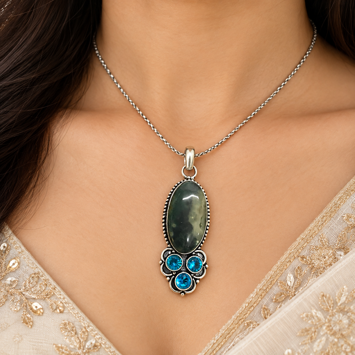 Silver Oval Moss Agate & Blue Topaz Gemstone Pendant PEN626-SLV-LBT-NAG04