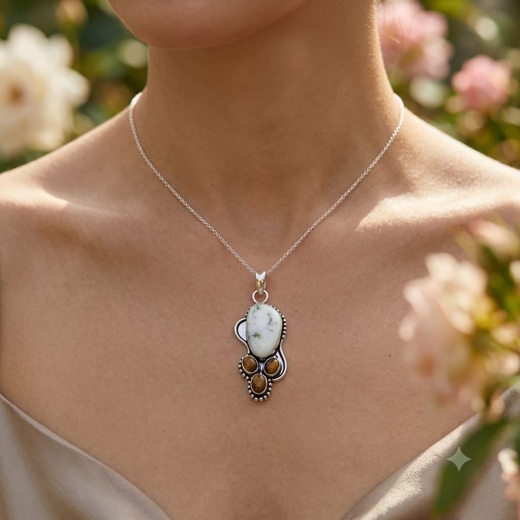 Dendritic Agate Tiger Eye Pendant, Silver Tone Boho Statement Jewelry PEN63-SLV-NDAG-NTE04