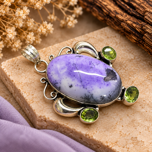 Silver Purple Dyed Dendritic Agate & Peridot Pendant PEN631-SLV-LQUA-NDAG01