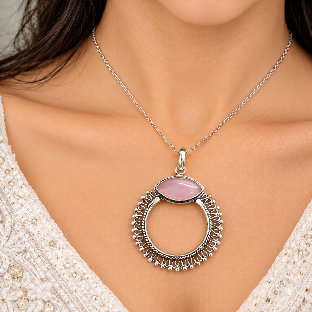 Pink Quartz Silver Pendant Necklace for Women PEN636-SLV-LQUA01