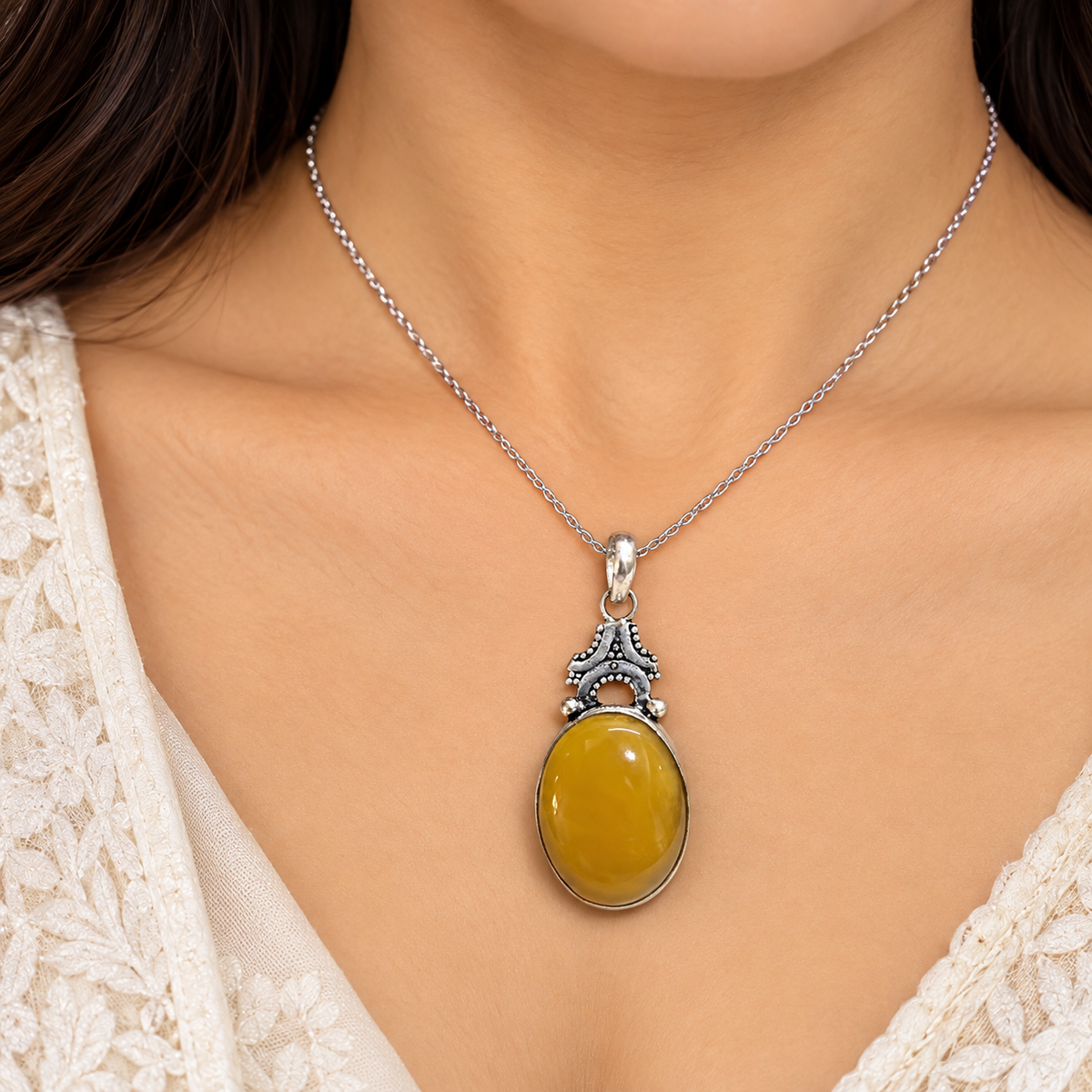 Botswana Agate Silver Pendant Oval Gemstone Jewelry for Women PEN639-SLV-NBWAG01