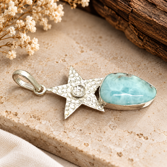 Larimar Blue Gemstone Star Design Silver Tone Pendant PEN647-SLV-NLAR01