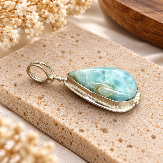 Larimar Blue Pear Gemstone Silver Tone Elegant Pendant PEN648-SLV-NLAR01