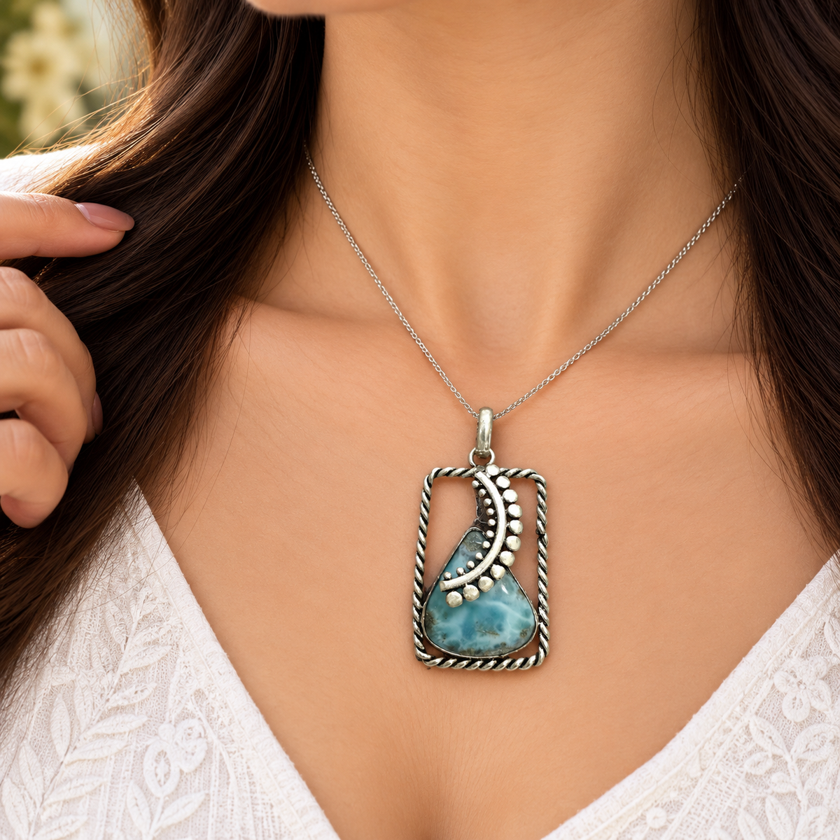 Boho Silver-Tone Larimar Gemstone Pendant PEN649-SLV-NLAR01