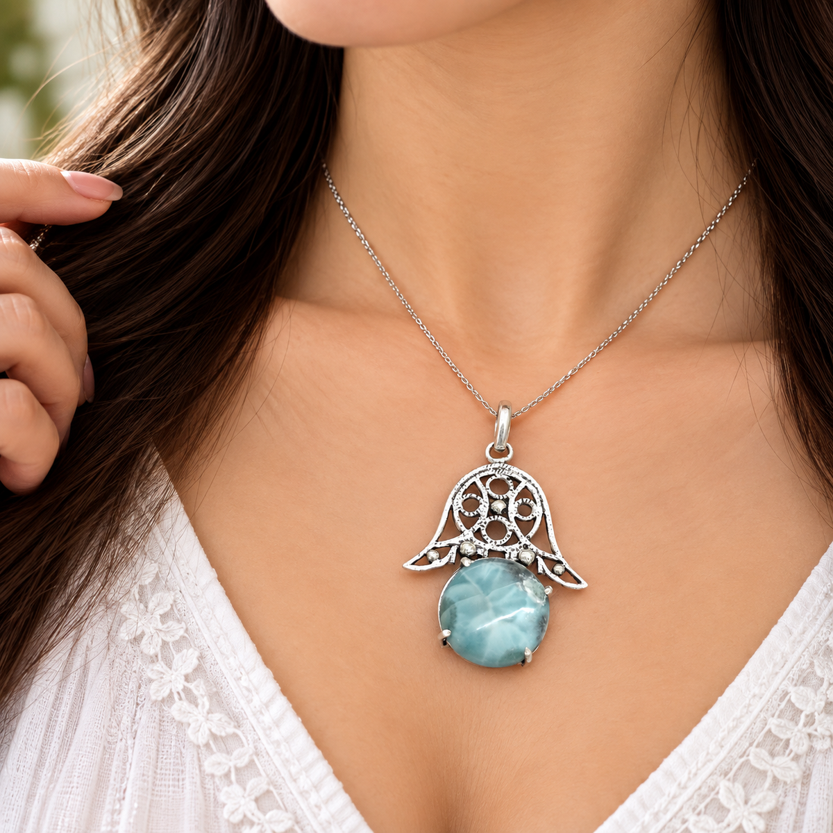 Boho Silver-Tone Filigree Larimar Pendant PEN652-SLV-NLAR01