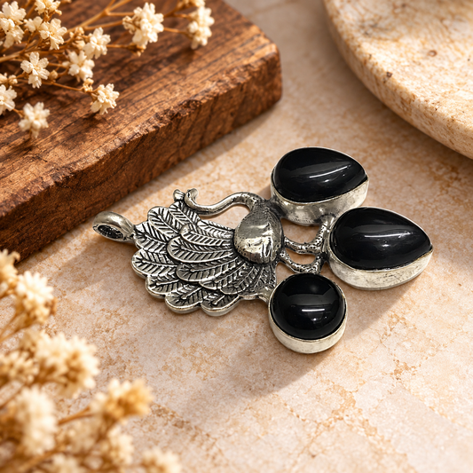 Boho Silver-Tone Peacock Black Onyx Pendant PEN653-SLV-NBO03