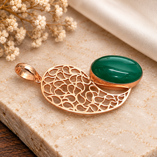 Green Onyx Pendant, Rose Gold Tone Filigree Boho Jewelry PEN661-RGLD-NGO01