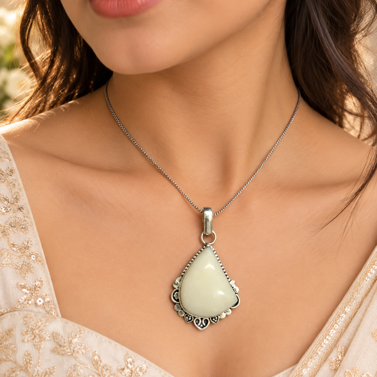 Boho Silver-Tone White Opalite Gemstone Pendant PEN662-SLV-NOPL01