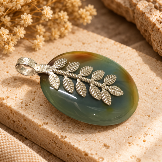 Green Agate Pendant with Silver Leaf Design for Women PEN666-SLV-NAG01