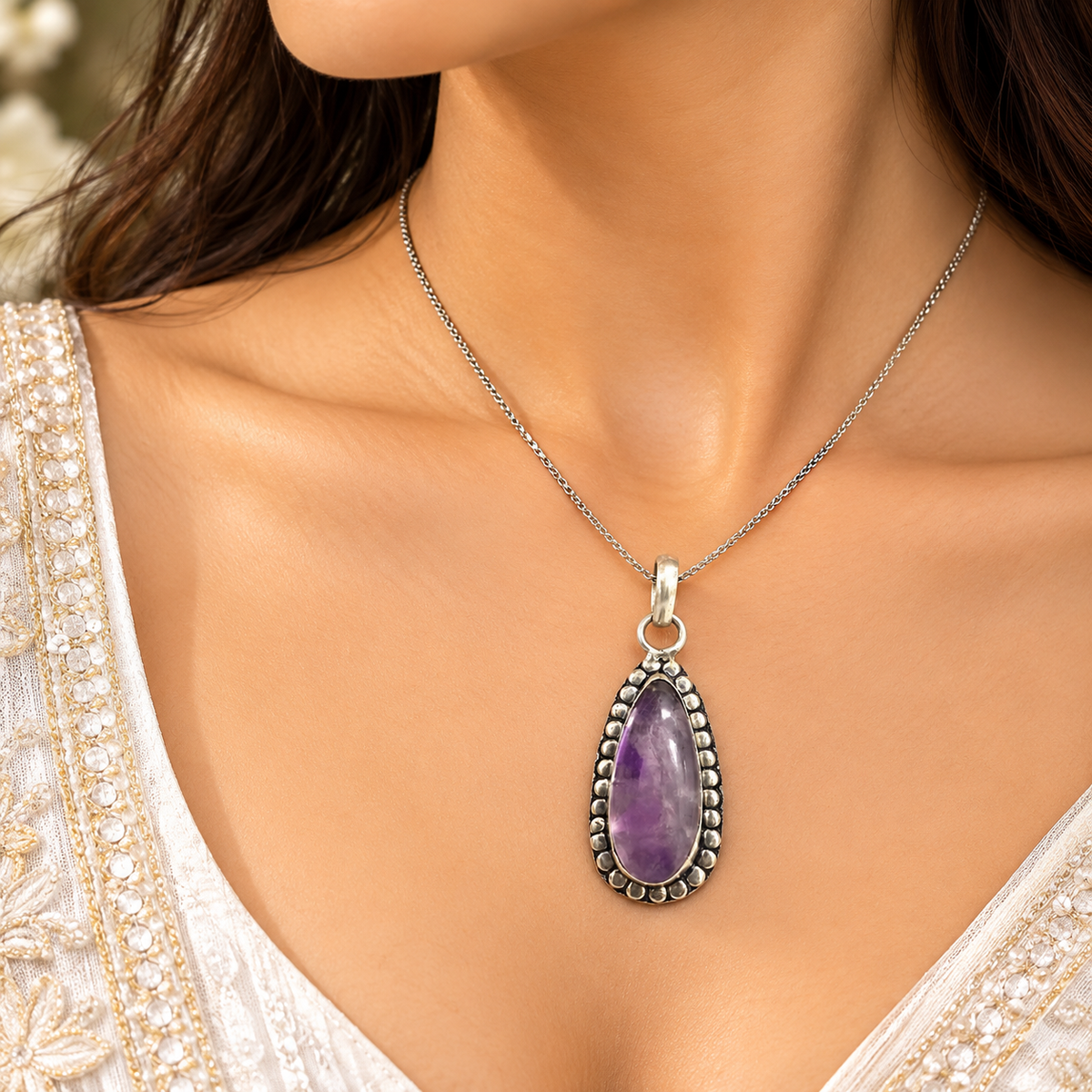 Purple Amethyst Pendant with Beaded Silver Border for Women PEN673-SLV-NAMT01