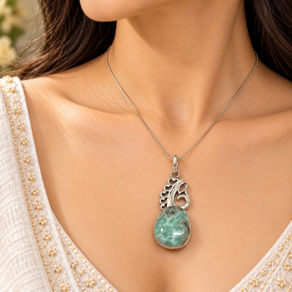 Green Larimar Pendant with Vintage Silver Design for Women PEN675-SLV-NLAR01