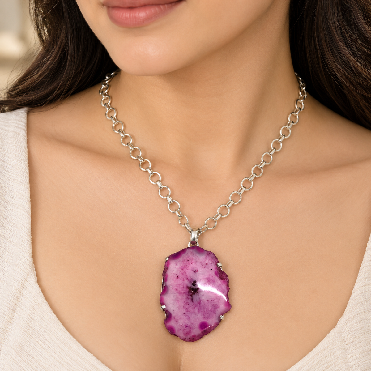 Pink Agate Pendant Necklace, Silver Link Chain Jewelry PEN683-SLV-NSAG01