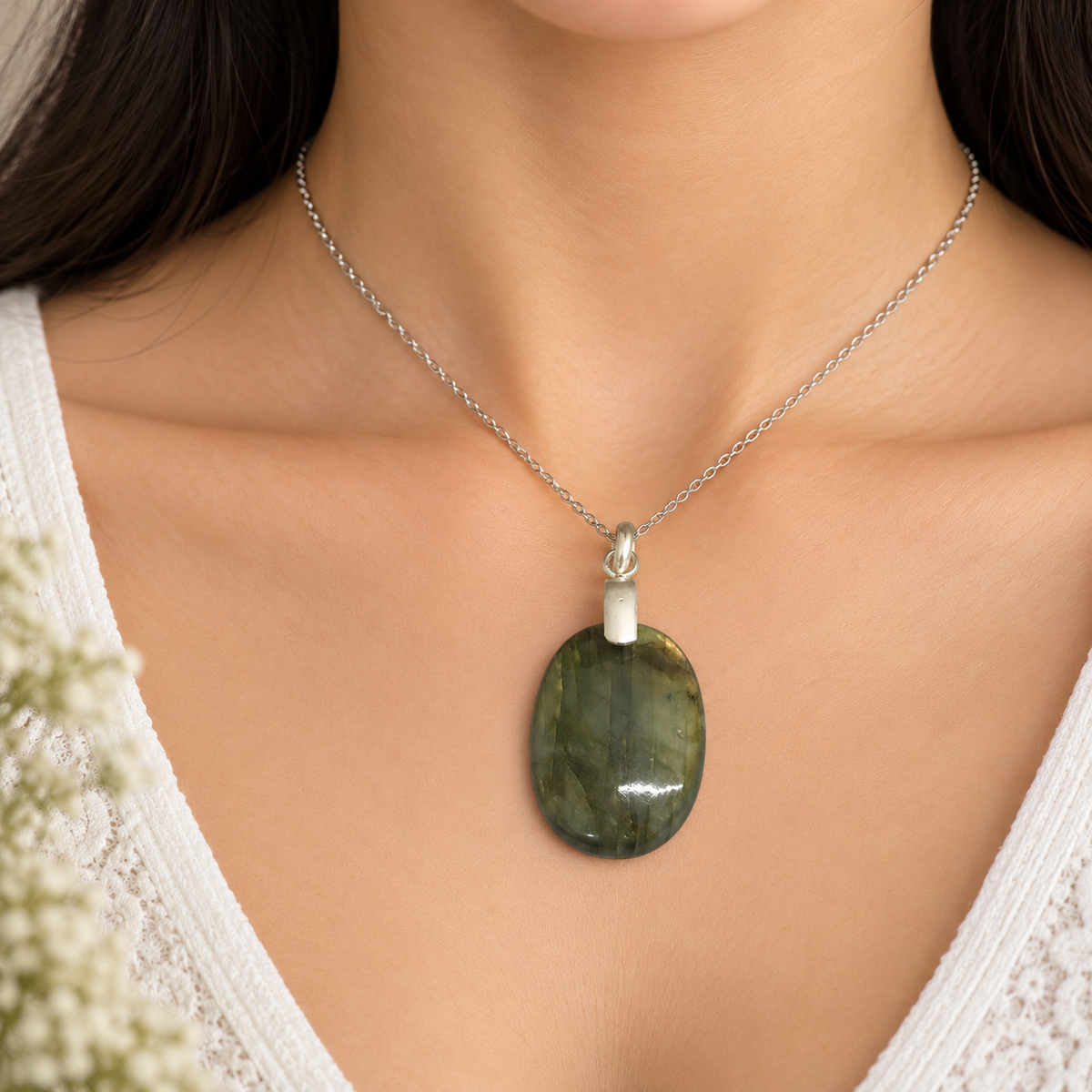 Green Labradorite Pendant, Oval Stone Silver Tone Jewelry PEN685-SLV-NLBD01