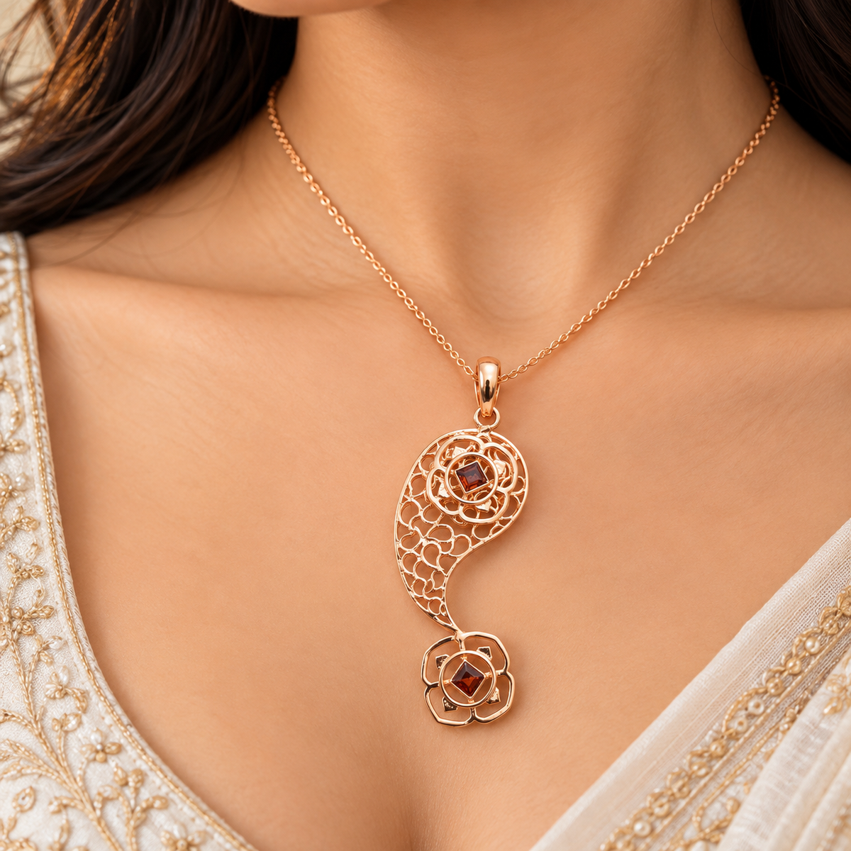 Rose Gold Garnet Pendant, Filigree Floral Statement Jewelry PEN693-RGLD-NGR02