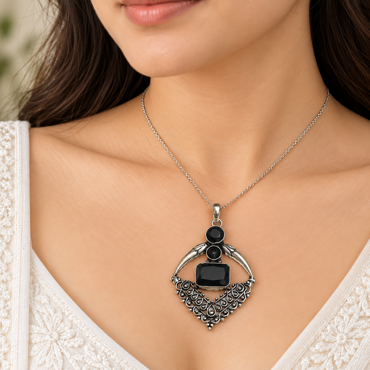 Black Spinel Pendant, Oxidized Silver Gothic Statement Jewelry PEN694-SLV-LBLKSPL03