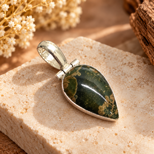 Green Ocean Jasper Pendant, Teardrop Boho Vintage Jewelry PEN709-SLV-NRUN01