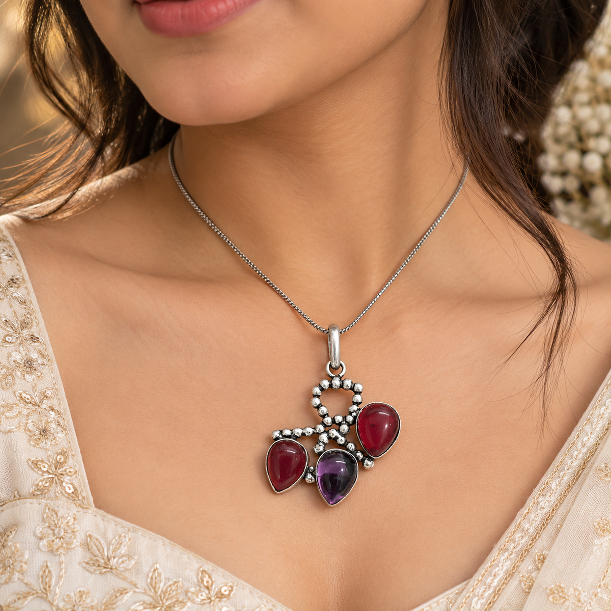 Garnet Amethyst Pendant, Vintage Boho Gemstone Jewelry PEN711-SLV-LQUA03