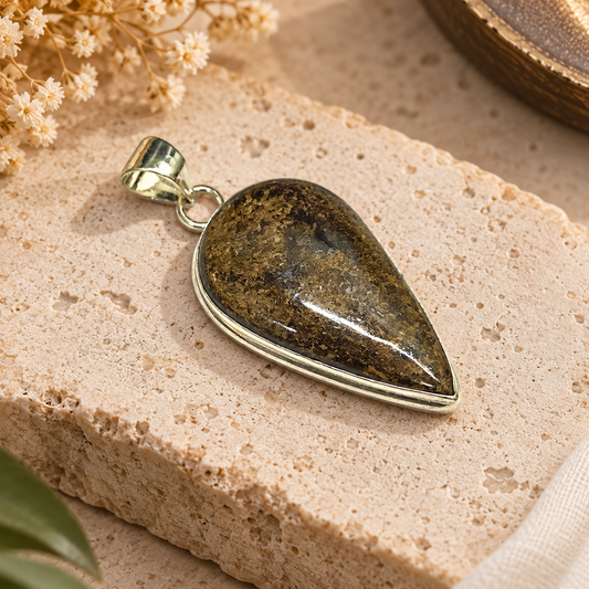 Bronzite Teardrop Pendant, Rustic Vintage Boho Gemstone PEN715-SLV-NBRZ01