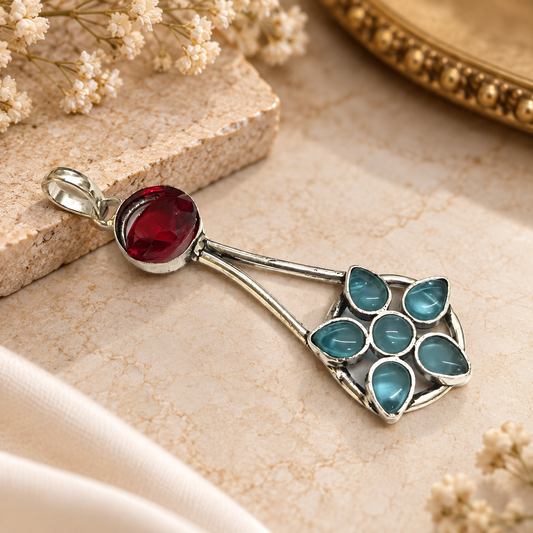 Red Garnet Blue Quartz Pendant, Vintage Silver Tone Jewelry PEN728-SLV-LGR-LQUA07