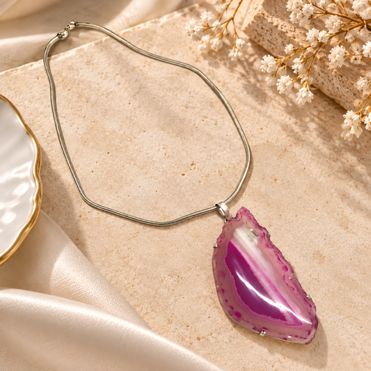 Pink Agate Slice Pendant Necklace in Silver Tone Jewelry PEN737-SLV-NSAG01