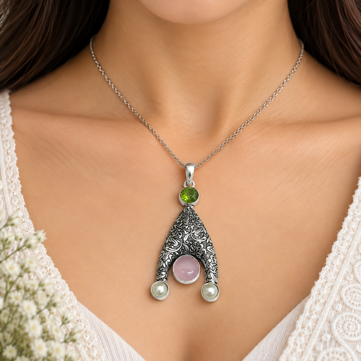 Multicolor Gemstone Pendant with Floral Antique Silver Design PEN739-SLV-LMUL04