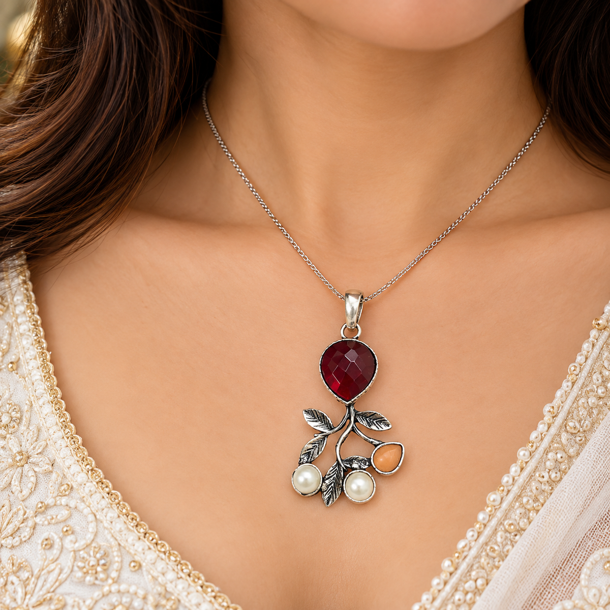 Red Gemstone Leaf Pendant with Pearl Accents Antique Style PEN742-SLV-LMUL04
