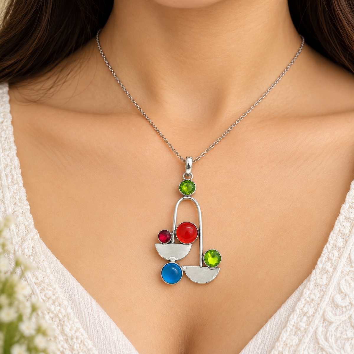 Multicolor Geometric Gemstone Pendant in Silver Tone Design PEN743-SLV-LMUL05