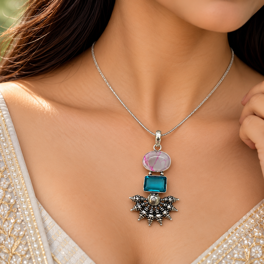 Multicolor Gemstone Silver Pendant Ethnic Vintage Jewelry PEN749-SLV-NCC-LBT02