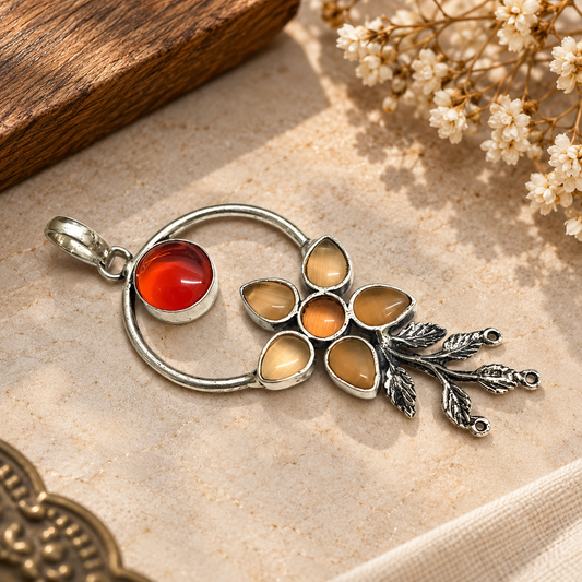 Red Amber Floral Pendant with Antique Silver Tone Design PEN750-SLV-LMUL07