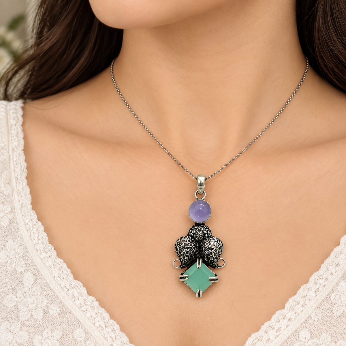Amethyst Aqua Chalcedony Elephant Pendant Boho Jewelry PEN755-SLV-LAMT-LAQCLY02