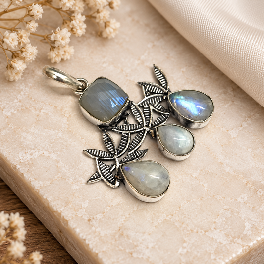 Moonstone Leaf Pendant with Blue Flash Boho Vintage Style PEN758-SLV-NMS04