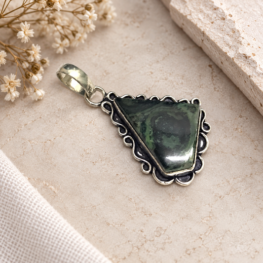 Green Kambaba Jasper Pendant with Antique Silver Boho Design PEN759-SLV-NKJR01