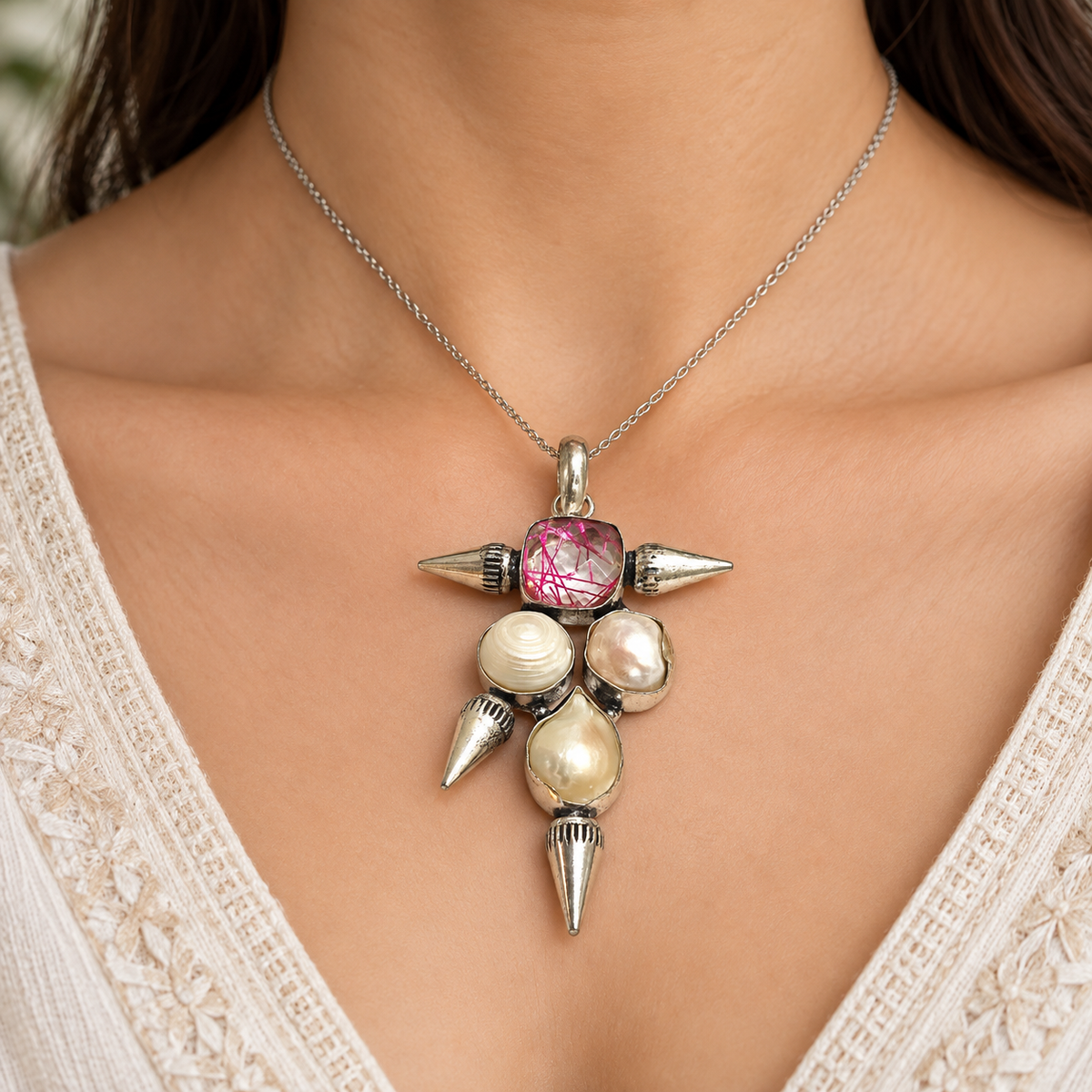 Pink Rutile Pearl Pendant Antique Silver Tone Jewelry PEN762-SLV-LR-NPRL04