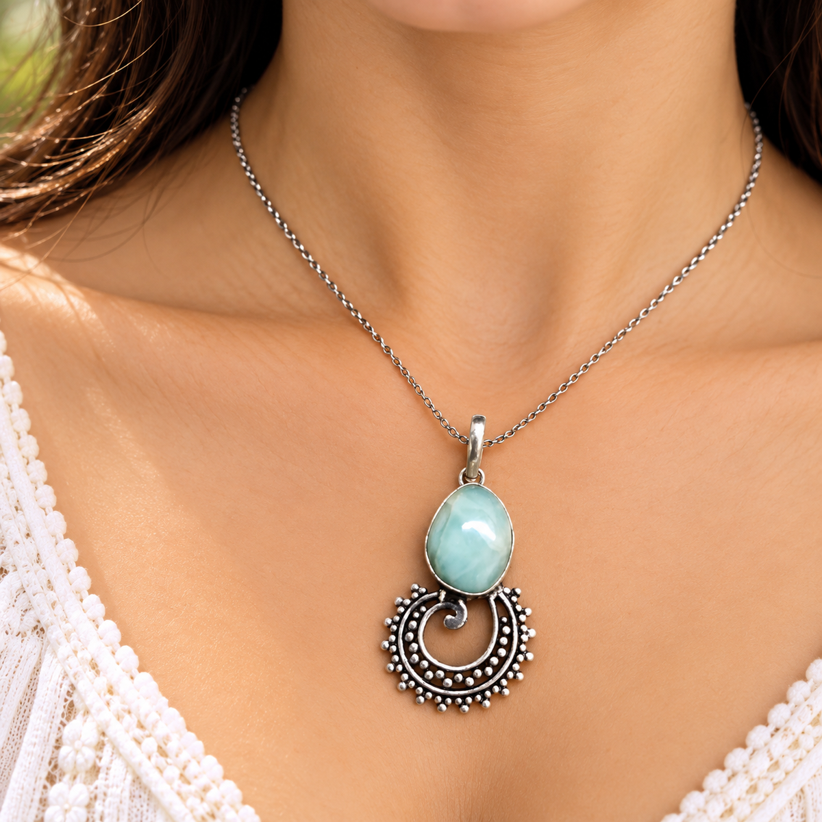 Larimar Silver Pendant with Elegant Tribal Design PEN773-SLV-NLAR01