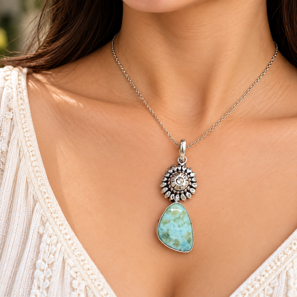 Larimar Blue Gemstone Pendant in Antique Silver Floral Style PEN775-SLV-NLAR01