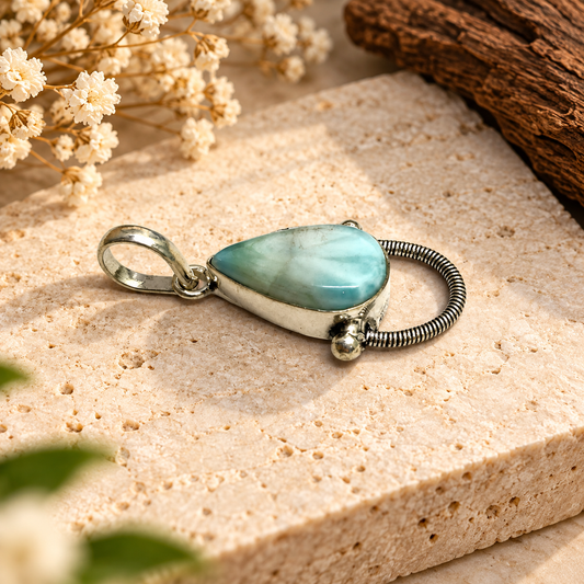 Larimar Blue Gemstone Pendant with Unique Silver Accent PEN777-SLV-NLAR01