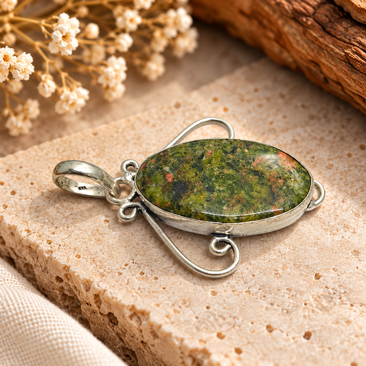 Green Unakite Jasper Pendant | Oval Stone Boho Jewelry PEN787-SLV-NRUN01