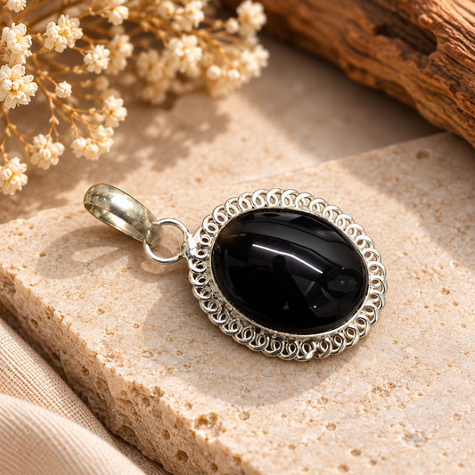 Black Botswana Agate Pendant Necklace Vintage Oval Gemstone Jewelry PEN788-SLV-NBWAG01