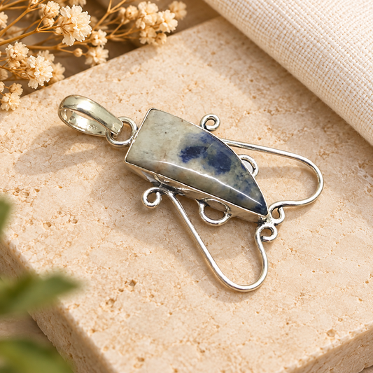 Blue White Natural Sodalite Pendant Artistic Silver Tone Jewelry PEN790-SLV-NSDL01