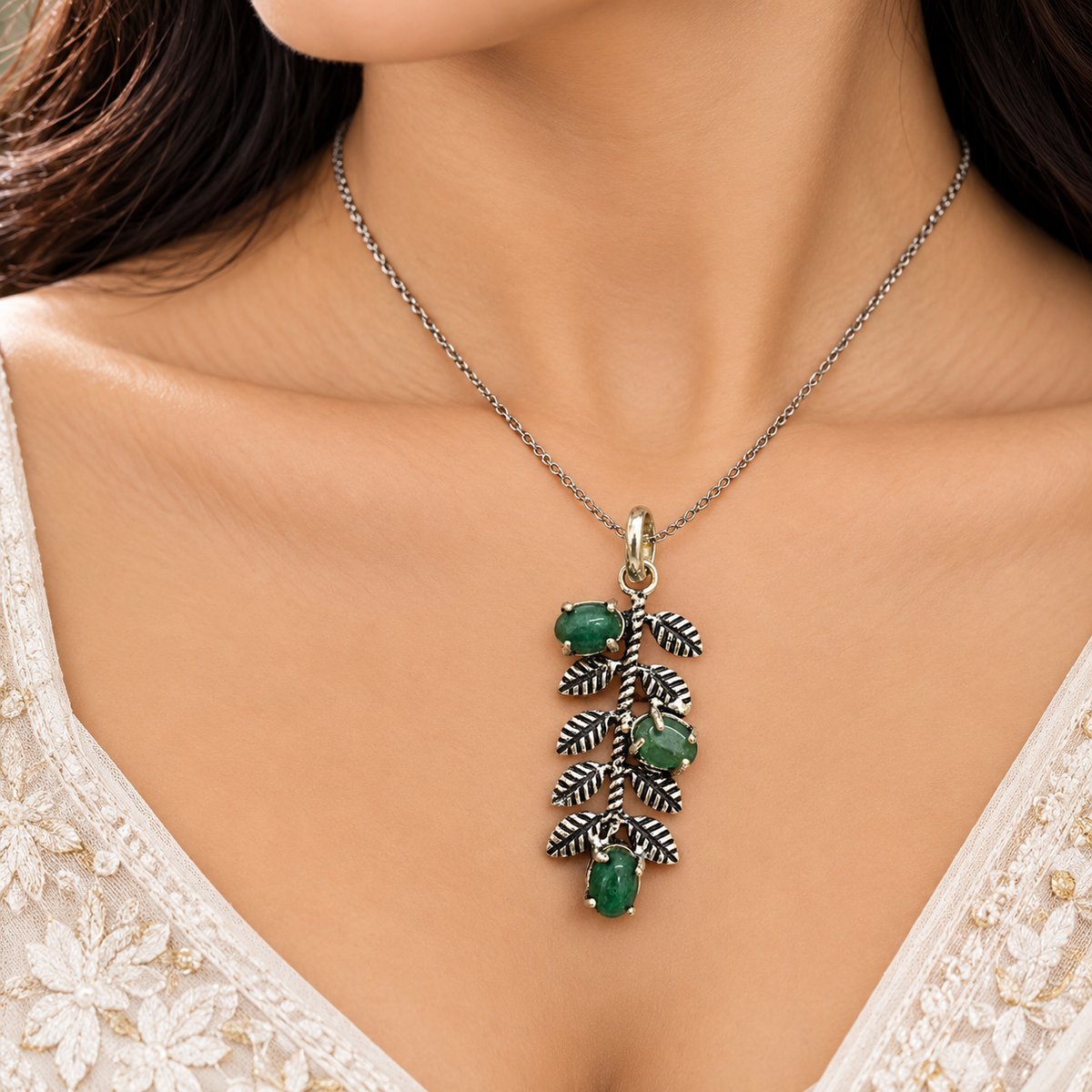 Green Gemstone Leaf Pendant | Nature Inspired Boho Jewelry PEN791-SLV-NGO03