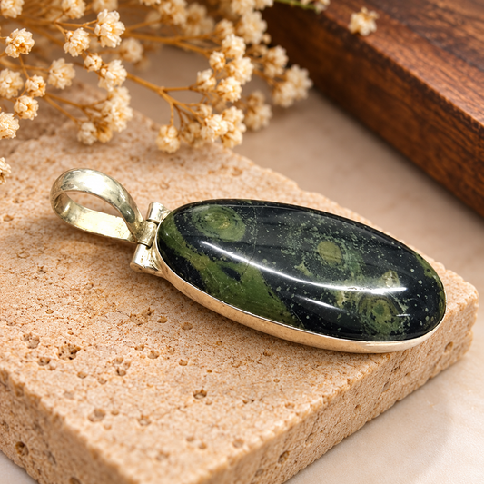 Green Kambaba Jasper Pendant | Oval Stone Boho Jewelry PEN792-SLV-NKJR01