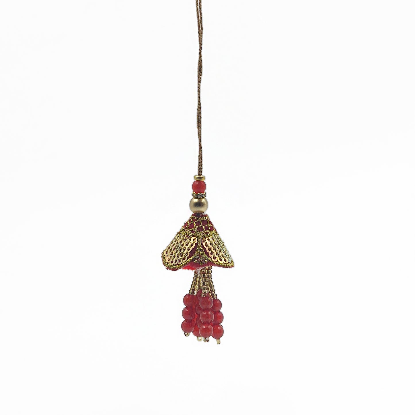 Red Embroidered Lumba Rakhi with Gold Thread & Beaded Tassels RB-316