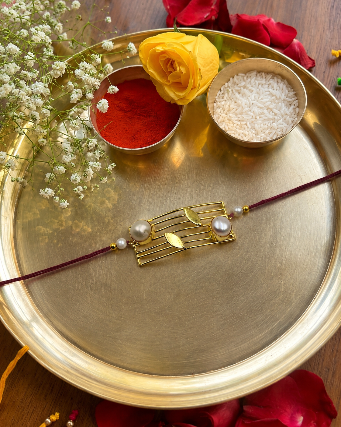 Gold Plated Pearl Leaf Designer Rakhi for Men Women Raksha Bandhan RB-327