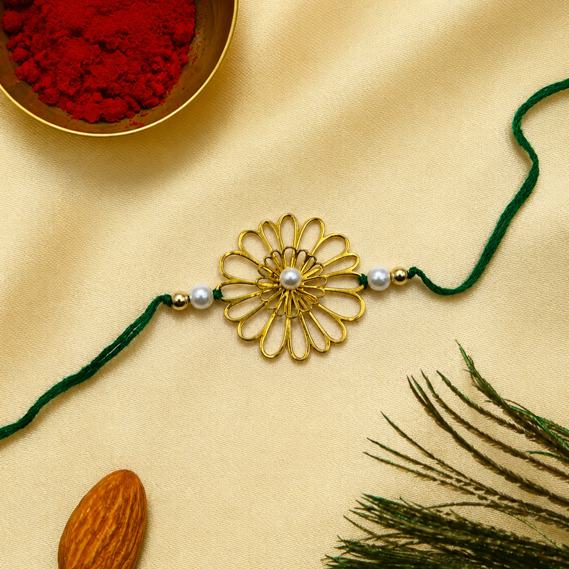 Gold Plated Floral Pearl Rakhi for Men Women Raksha Bandhan Gift RB-331