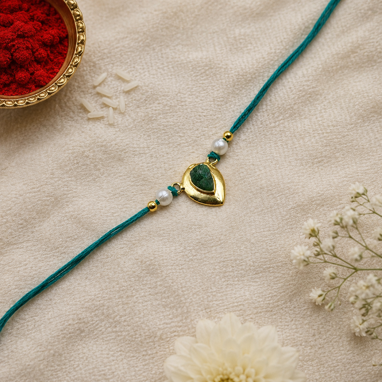 Gold Plated Green Teardrop Stone Pearl Rakhi for Men Women Gift RB-333